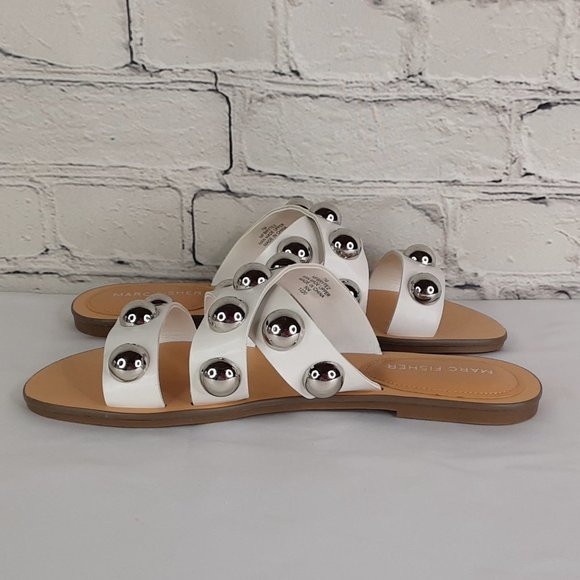 MARC FISHER 'BRYTE' DOMÈ STUDD CRISS~CROSS FLAT SLIP ON SLIDE SANDALS WHITE 7 - Picture 5 of 16